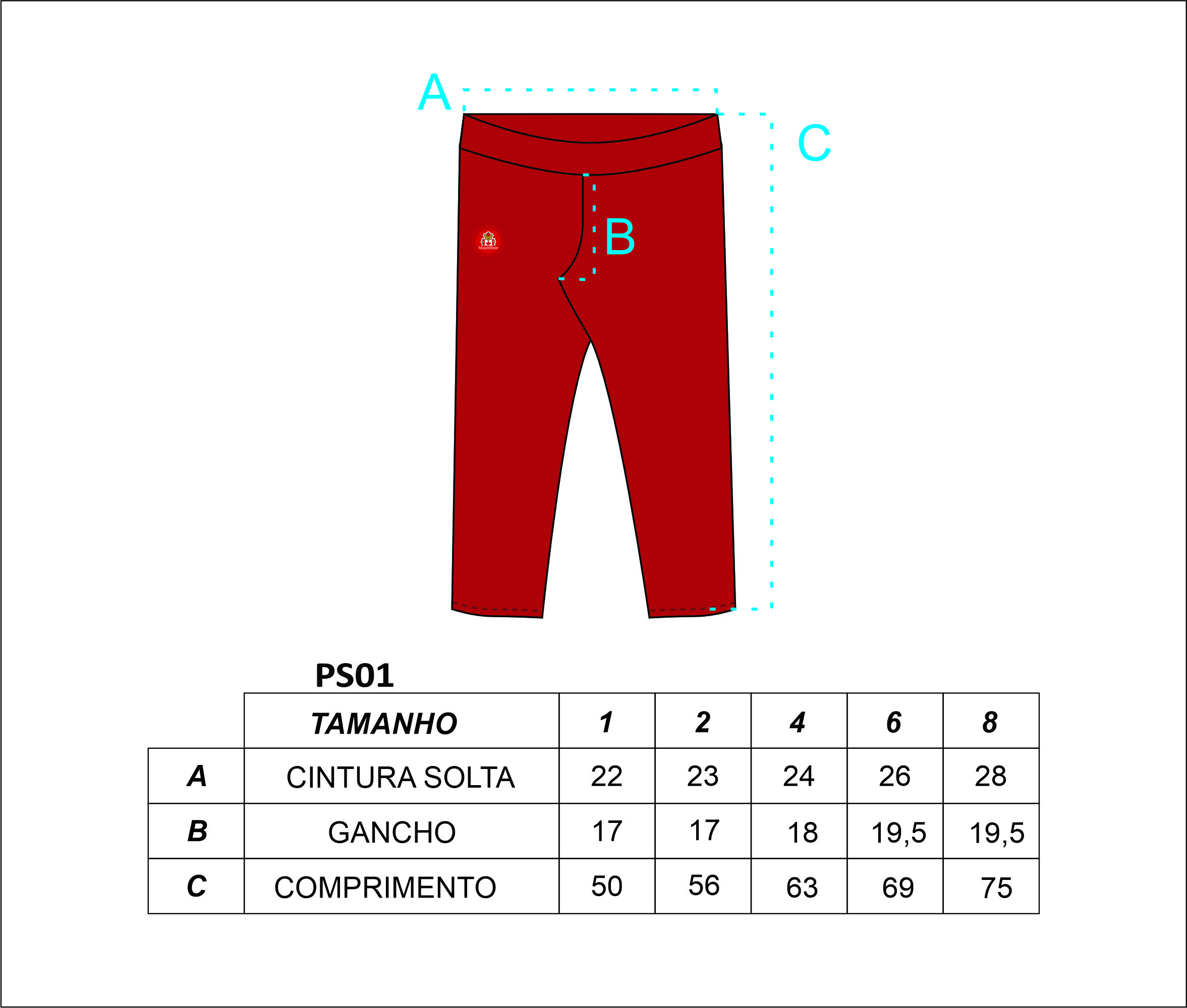 Tabela de Medidas Calça Legging Uniforme Maple Bear Infantil